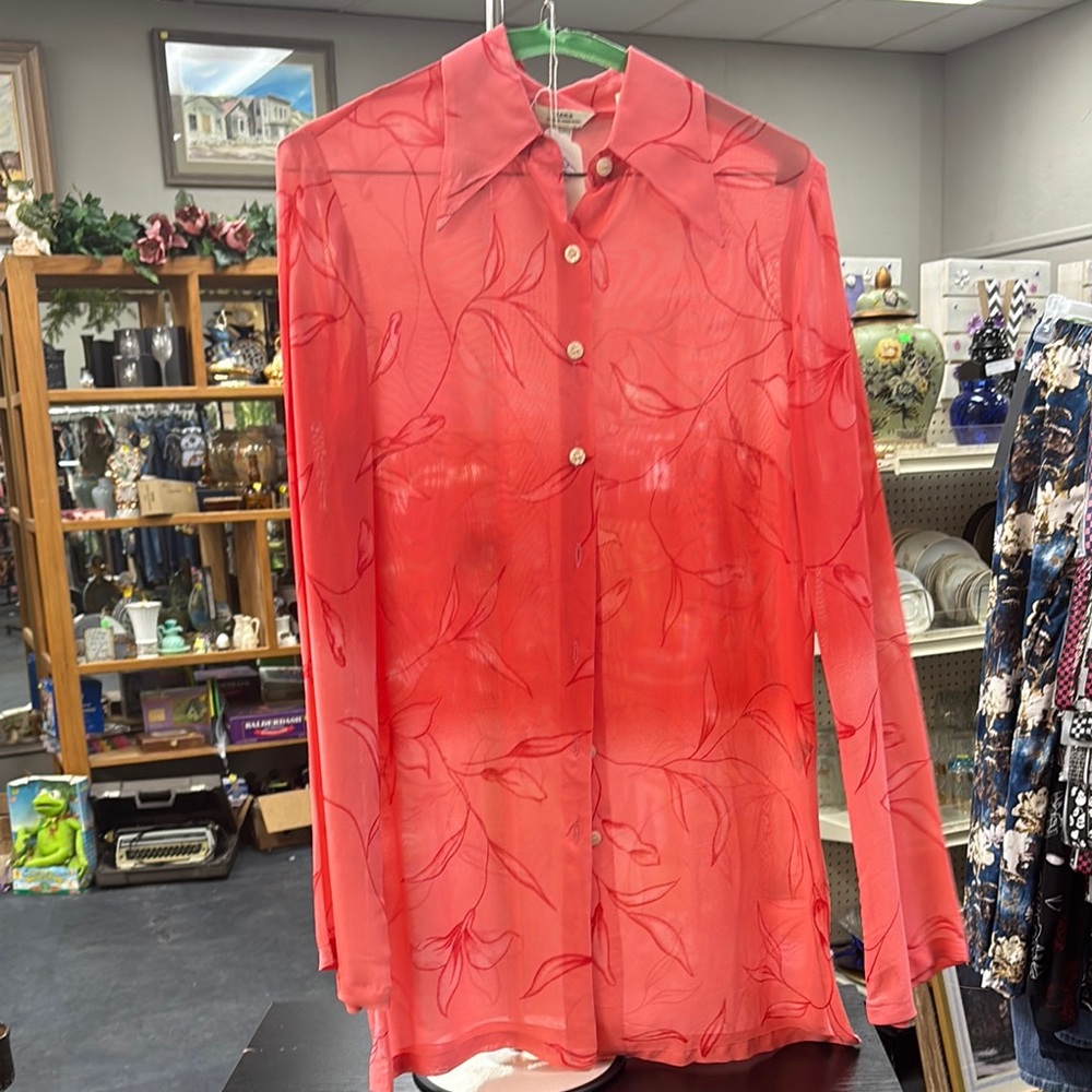 Zara Red Floral Sheer Button Down Shirt